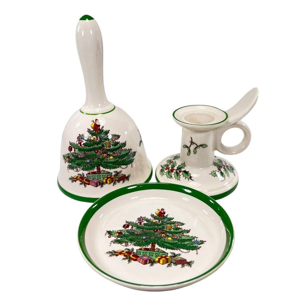 Vtg Spode Christmas Tree Bell Candlestick Holder  Trinket Tray Mixed Lot of 3